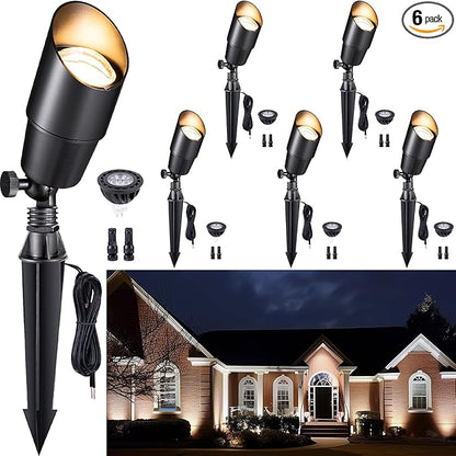 Gardenreet Solid Brass Spot Lights - Black Low Voltage Landscape Spotlight Outdoor, 12V LED Uplights Wired, Waterproof Electric for Patio Wall with 4000K Bright White MR16 Bulb (6 Pack)
