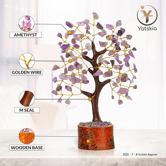 Amethyst Crystal Tree – 7-8 Inch Gemstone Tree with Golden Wire & Wooden Base – Spiritual Gift, Gifts for Her, Healing Crystals Decor, Birthday Gift for Women