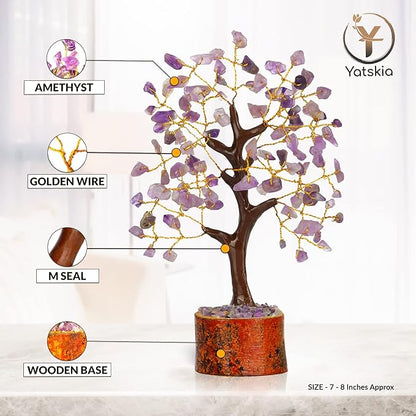 Amethyst Crystal Tree – 7-8 Inch Gemstone Tree with Golden Wire & Wooden Base – Spiritual Gift, Gifts for Her, Healing Crystals Decor, Birthday Gift for Women