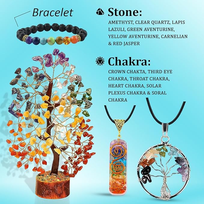 Seven Chakra Healing Crystal Tree Kit with 7 Chakra Bracelet and 2 Pendant Necklace - Gemstones Money Bonsai Tree Decor for Spiritual Good Luck Gift, Birthday Gift for Women, Men, Home, Office