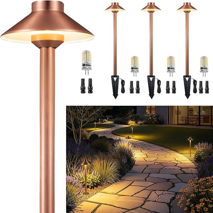 Gardenreet Outdoor Brass Pathway Lights, Low Voltage Landscape Path Light Wired, 12v Walkway Lamp LED Waterproof, Hat-top Copper for Outside Garden Yard Driveway with 3W 270LM 3000K G4 Bulb (4 Pack)