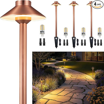 Gardenreet Brass Copper Low Voltage Path Lights, Landscape Pathway Light, 12V LED Outdoor Bronze Hat Top Walkway Lamp for Driveway Yard Garden with 3W 270LM 5000K G4 Bulb 4 Pack