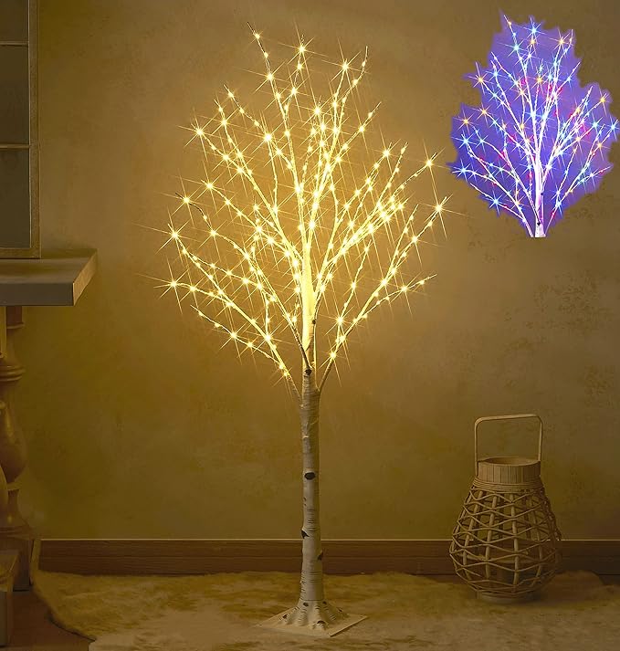 Hairui Lighted Birch Tree with 200L Multi Color and Warm White Fairy Lights 8 Functions 4FT, White Twig Tree with Lights for Indoor Outdoor Home Party Christmas Easter Decoration