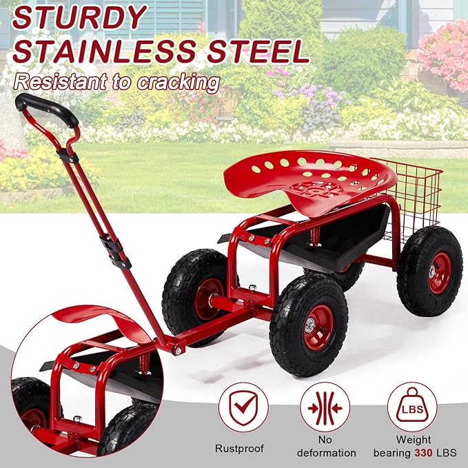 Outvita Garden Cart Rolling Workseat with Wheels, Gardening Stool with Adjustable 360 Degree Swivel Seat, Extendable Handle, Tool Tray & Storage Basket, Gardening Scooter for Yard, Planting, Red