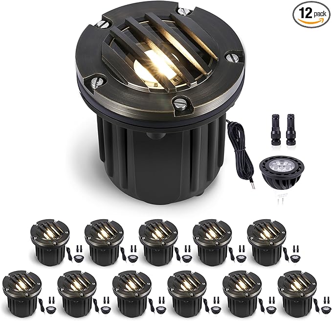 Gardenreet Landscape Brass Well Lights - Brass Hardwired Ip65 Low Voltage In-Ground Lighting, 12V Electric Fixture, Antique Bronze for Outdoor Driveway Backyard with 4000K Neutral White MR16 Bulb