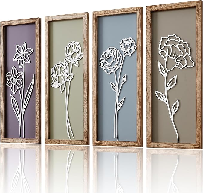 HKBS 3D Wooden Floral Wall Art, Set of 4 Framed Flowers Wall Art Sculptures, Boho Farmhouse Minimalist Decor for Bathroom Bedroom Living Room Kitchen or Office Wall Decorations Housewarming Gifts (Multicolored)