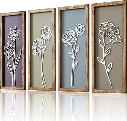 HKBS 3D Wooden Floral Wall Art, Set of 4 Framed Flowers Wall Art Sculptures, Boho Farmhouse Minimalist Decor for Bathroom Bedroom Living Room Kitchen or Office Wall Decorations Housewarming Gifts (Multicolored)