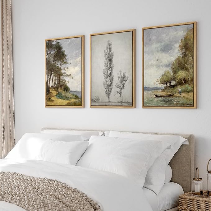 Ashbrook Framed Canvas Print Wall Art Set Forest Tree Lake Nature Wilderness Illustrations Fine Art Decorative Floral Botanical Garden Vintage for Living Room, Bedroom, Office - 16"x24"x3 Natural