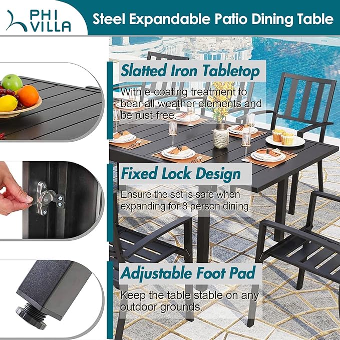 PHI VILLA 9 Piece Patio Dining Table Set, Expandable Rectangular Metal Dining Table & 8 Steel Chairs for Outdoor, Deck, Yard