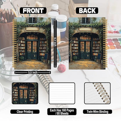 XPH Vintage Bookshop Reading Spiral Notebook, Book Lovers Gifts Journaling Notebooks for Women, Bookish Gift Hardcover Journals for Writing 160 Pages 5.5 x 8.3 Inch, Book Reader Gifts