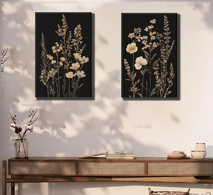 2Psc Dark Botanical Wall Art Vintage Black Flower Painting Picture Wall Decor Moody Flower Poster Print Artwork for Living Room Bedroom or Office Home Decoration 12x16 Inch