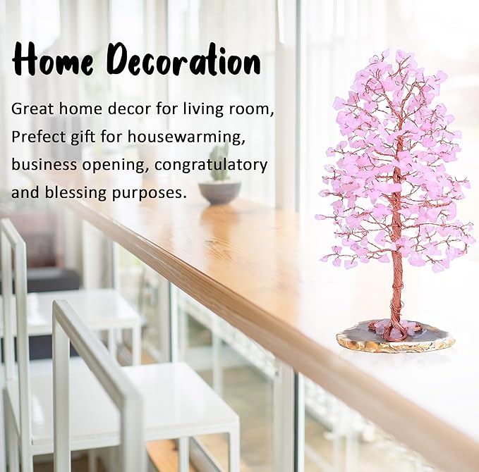"Rose Quartz Gemstone Tree of LifeNatural Reiki Crystals Gemstone Chakra Tree for Positive Energy, Geode Agate Slice Base, Feng Shui Decor, Good Luck Money Bonsai, Healing Stones, Spiritual Gift"