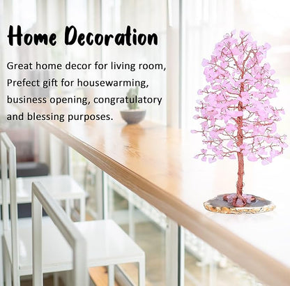 "Rose Quartz Gemstone Tree of LifeNatural Reiki Crystals Gemstone Chakra Tree for Positive Energy, Geode Agate Slice Base, Feng Shui Decor, Good Luck Money Bonsai, Healing Stones, Spiritual Gift"
