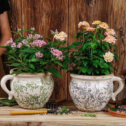 Sungmor Set of 2 Vintage Ceramic Planters with Handle - Rustic Crackle Glaze Flower Pots with Scroll Design, Drainage Hole Indoor Outdoor Decorative Plant Containers, Tuscan Decor Pots