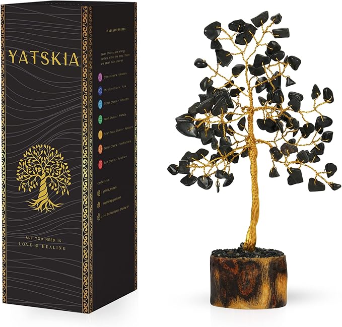 YATSKIA Black Tourmaline Crystals - Gemstone Tree - Black Tourmaline Decor - Artificial Money Tree - Mini Artificial Trees - Tourmaline Gemstones - Spiritual Trees