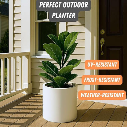 Fox & Fern Large 12 Inch Planter — Premium Lightweight Fiberstone Matte White Plant Pot w Drainage Plug; Large Indoor & Outdoor Planter; 12 Inch Pots for Plants Indoor; Weather & UV Resistant