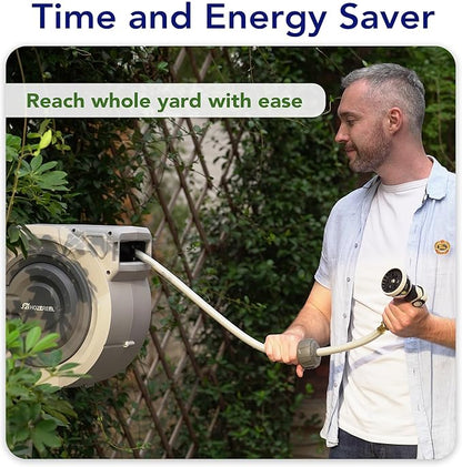110 FT Retractable Garden Hose Reel by HOZEREEL, Outdoor Garden Hose Reels 1/2" - Automatic Self Retract Wall Mount Hose Reel Enclosed Storage, Any Length Lock, 10 Pattern Nozzle-Grey