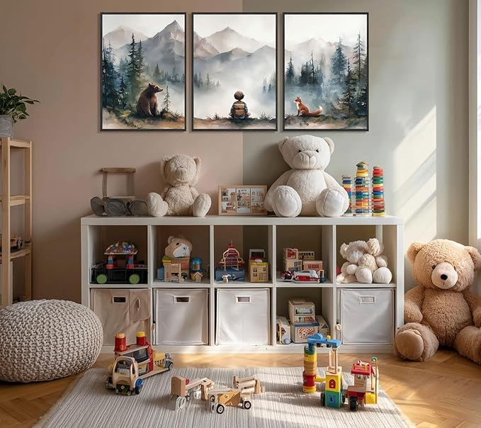 3Pcs Neutral Woodland Wild Animal Wall Art Cute Bear Fox Nursery Wall Decor Pictures Adventure Boy Posters Prints Vintage Forest Animal Canvas Paintings for Baby Room Playroom 12x16