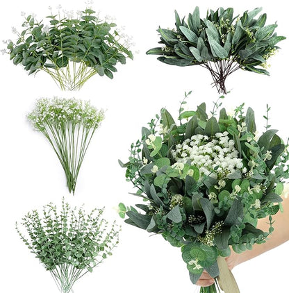 QGHPY 120 Pcs 4 Kinds Mixed Eucalyptus Leaves and Eucalyptus Greenery Stem, Artificial Baby Breath Bulk and Greenery Stems for Weddings, DIY Floral Arrangements and Home Decor.