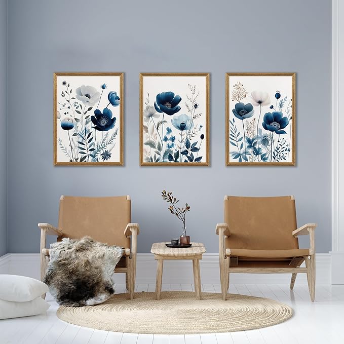 DUWQU 3 Pcs Blue Floral Canvas Wall Art, Wood Framed Navy Blue Wildflower Lily Daisy Wall Decor, Watercolor Botanical Flower Home Poster Art Prints for Living Room Bedroom Bathroom 16×24 Inches