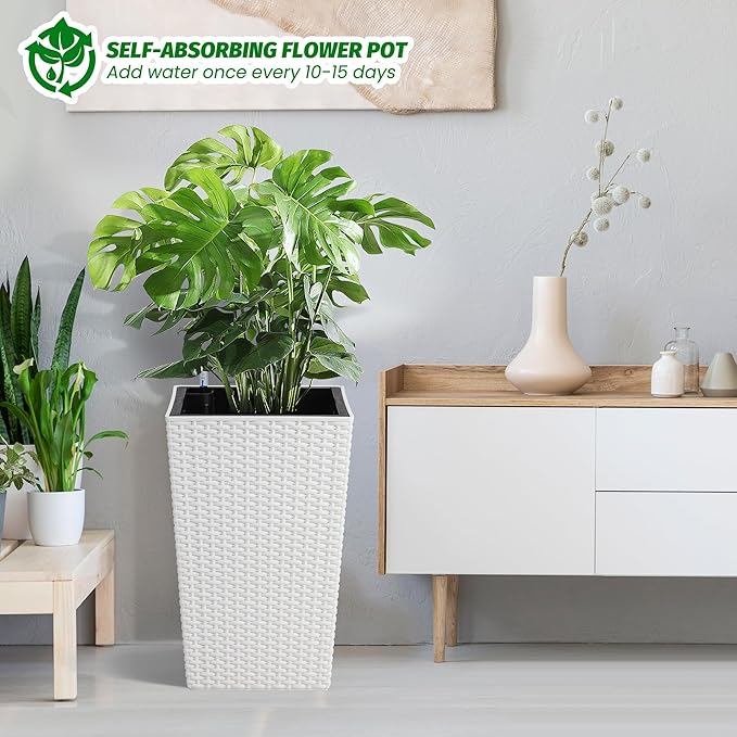 GarveeLife 16 Inch Tall Rattan Planter Set of 4, Self Watering Plant Pots with Water Level Monitor, Outdoor and Indoor Flower Pots for Patio, Porch, Living Room, or Home Office, White