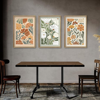Wildflower Floral Green Botanical Wall Art Print 16"x11" Set of 3 flower Illustrations Minimalist Modern Boho Sign Wood Framed for Living Room Bedroom Office Abstract Wall Hang Decor (Wood)