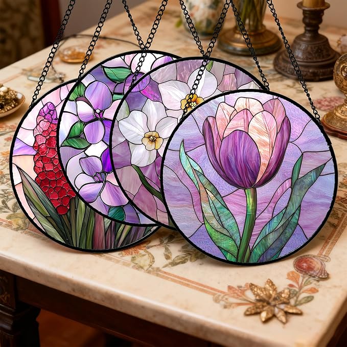 Stained Glass Window Hanging 4 Pcs Set Purple Flower Theme 9.8" - Tulip Suncatcher Door Garden Sun Catcher Decor Birthday Christmas for Plant Lovers Woman Nana Men