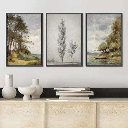 Ashbrook Framed Canvas Print Wall Art Set Forest Tree Lake Nature Wilderness Illustrations Fine Art Decorative Floral Botanical Garden Vintage for Living Room, Bedroom, Office - 24"x36"x3 Black