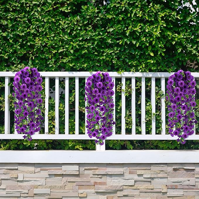 Artificial Hanging Flowers for Outdoor, 2 PCS Silk Morning Glory Faux Flowers with Eucalyptus Leaves,Realistic Hanging Plants for Wedding Home Office Garden Decor