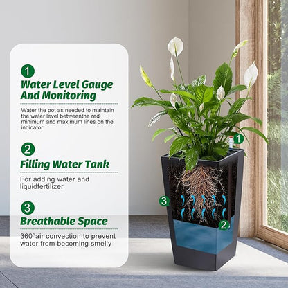 22.5'' Tall Planters for Outdoor & Indoor, Self Watering Plant Pots Set of 2 with Water Level Monitor & Drainage, Automatic Watering for Patio Garden, Black