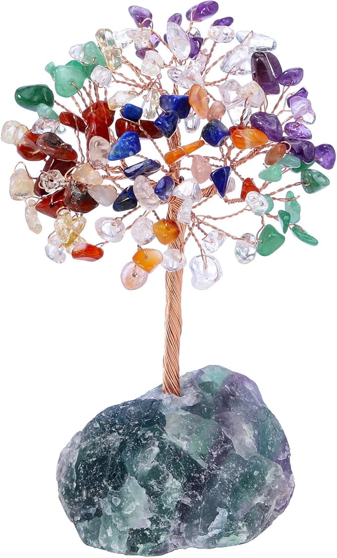 Jovivi Natural 7 Chakra Crystal Tree, Raw Healing Crystals Fluorite Base Gem Bonsai Money Tree for Home Office Table Decor Wealth and Luck