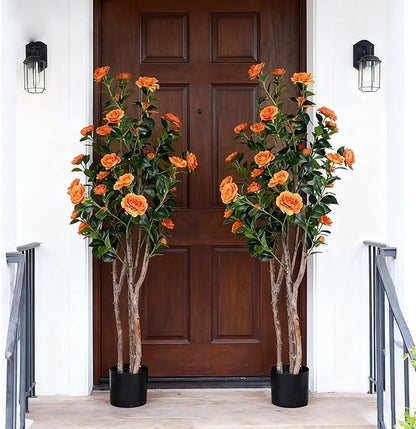 2pc 5ft Decorative Artificial Camellia Tree with Orange Flowers, Potted Faux Floral Plant, Realistic Blooming Fake Plants for Indoor Outdoor Home Front Door Planter Decor