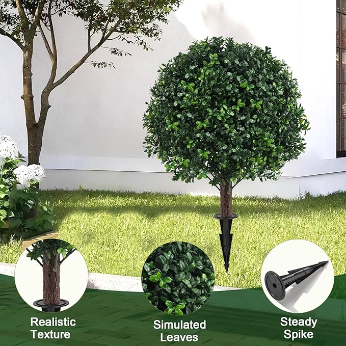 Set of 2 Artificial Boxwood Ball Trees for Outdoor with Spike, UV Resistant Faux Topiary Ball, Fake Plants Greenery Round Shrubs Bushes for Entryway Front Porch Decor