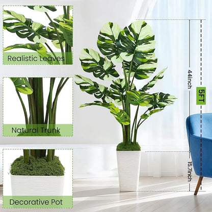 5FT Artificial White Leaf Monstera Plant,Realistic Faux Monstera Plant with Tall White Planter, Lifelike Indoor Outdoor Artificial Tree for Living Room, Bedroom, Office, Housewarming Decor