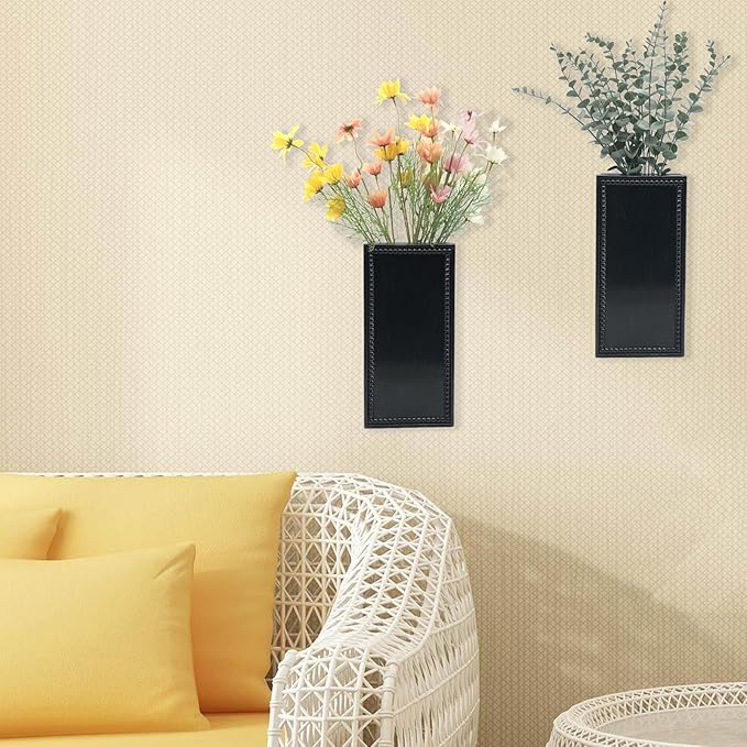 Wood Wall Planter Set of 2, Farmhouse Wall Hanging Decor Pocket Planter for Greenery and Dried Flowers, Rustic Indoor Wood Hanging Vase (Black)