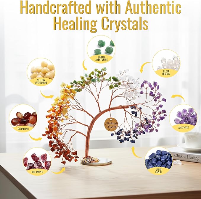 7 Chakra Crystal Tree of Life – Handmade Healing Gemstone Bonsai Trees for Home & Office Décor – Feng Shui Money Tree for Positive Energy, Good Luck & Spiritual for Women