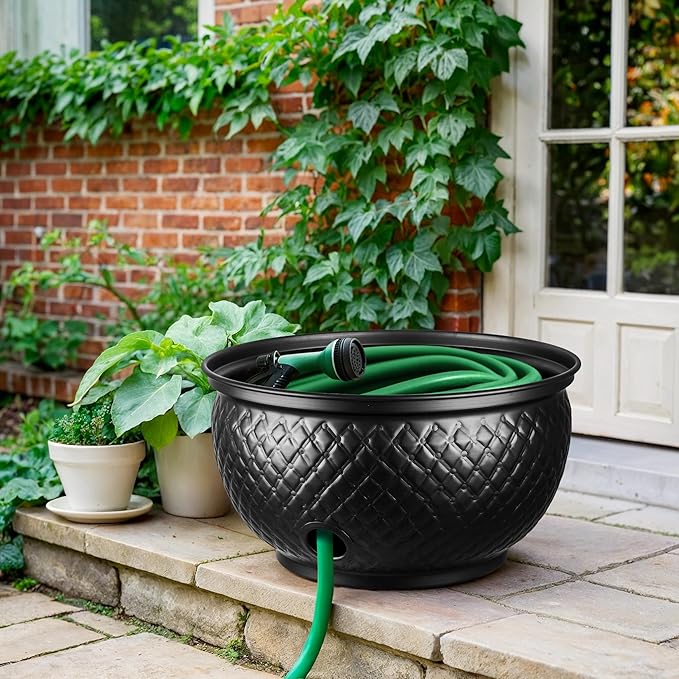 Monarch Abode Garden Hose Holder with Lid – Decorative Water Hose Holders for Outside, Diamond Embossed Metal Matte Black Pot with Drainage, 100ft Waterhose Holder for Outside, Garden Storage Caddy