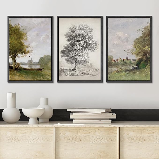Ashbrook Framed Canvas Print Wall Art Set Forest Tree Field Nature Wilderness Illustration Fine Art Decorative Floral Botanical Garden Vintage for Living Room, Bedroom, Office - 24"x36"x3 Black