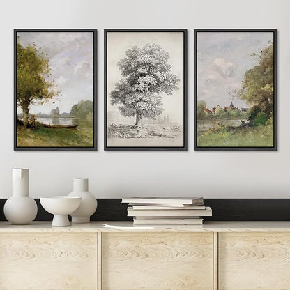 Ashbrook Framed Canvas Print Wall Art Set Forest Tree Field Nature Wilderness Illustration Fine Art Decorative Floral Botanical Garden Vintage for Living Room, Bedroom, Office - 24"x36"x3 Black