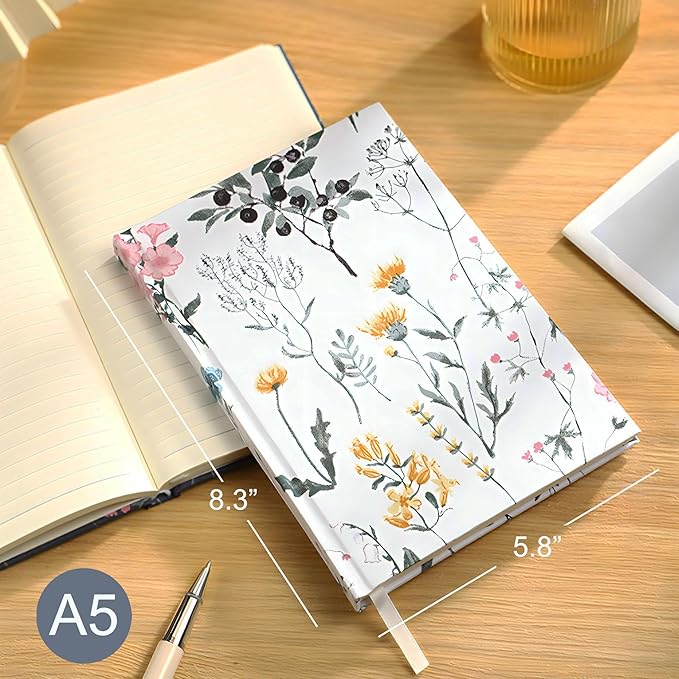 Floral Journal for women, Floret Hardcover Notebook, A5, 6x8, Medium Ruled Notebook, Lay-flat, Linen Journal, Notebooks for School, Writing Journal, Reading Journal, Garden Journal, White
