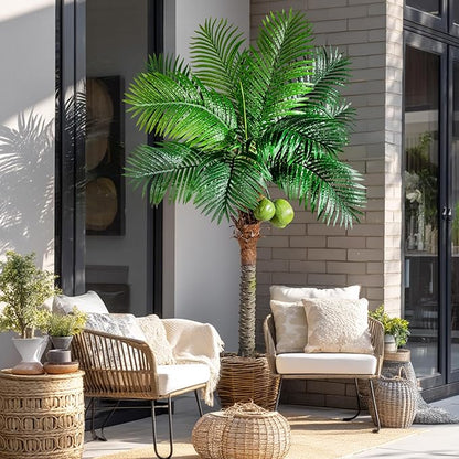 Artificial Phoenix Palm Tree 6ft Tall - Fake Large Tropical Tree with Adjustable Leaves, Realistic Faux Sago Palm for Indoor Outdoor Decor, Patio, Poolside, Yard, Living Room, Office