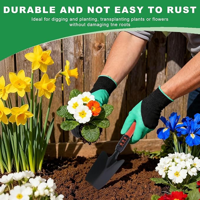 Garden Tool Set, 4 Pack Gardening Tools, Stainless Steel Heavy Duty Hand Cultivator, Hoes, Shovel, for Planting Weeding Digging, Gardening Gifts for Women,Orange