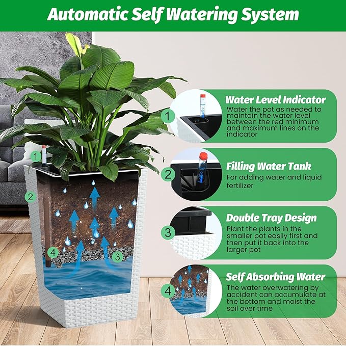 GarveeLife 16 Inch Tall Rattan Planter Set of 4, Self Watering Plant Pots with Water Level Monitor, Outdoor and Indoor Flower Pots for Patio, Porch, Living Room, or Home Office, White
