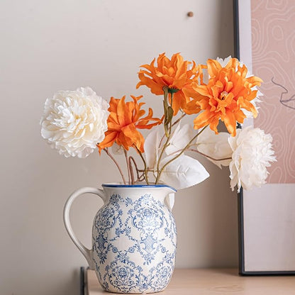 Blue and White Vase, Vintage Blue Ceramic Flower Vessel,Ceramic vases for Home Decor,Vintage Vase for Home Decor, Living Room, Shelf, Office, Rustic Table Centerpiece (Round with Handle)