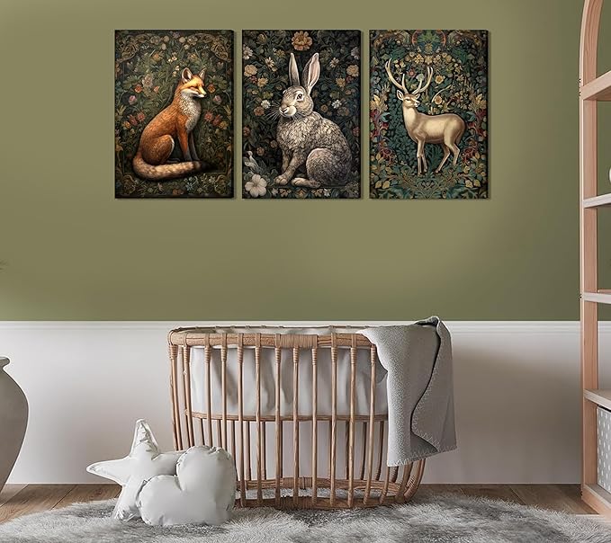 3Pcs Forest Animal Canvas Wall Art Fox Rabbit Deer Painting Pictures Wall Decor Wildlife Animal Posters Prints Dark Gothic Botanical Floral Artwork for Office Bedroom Home Decoration 12x16in