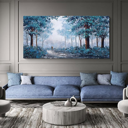 KLAKLA Prussian Blue Wall Art - Vibrant Color Matching - Multi-layered Paint Overlay Effect & 24x48 inch Blue Leaves Plant Forest Picture Artwork Living Room Wall Decor