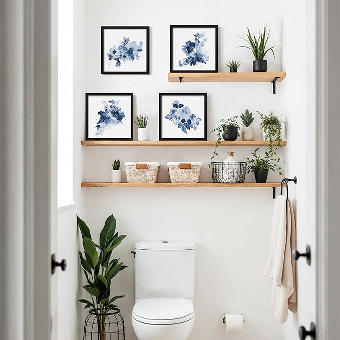 ArtbyHannah Framed Bathroom Wall Decor, Navy Blue Wall Art with Black Frame and Watercolor Floral Prints Pictures for Kitchen Bedroom Home Decorations (4 Pack, 10x10 Inch)