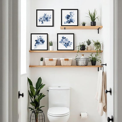 ArtbyHannah Framed Bathroom Wall Decor, Navy Blue Wall Art with Black Frame and Watercolor Floral Prints Pictures for Kitchen Bedroom Home Decorations (4 Pack, 10x10 Inch)