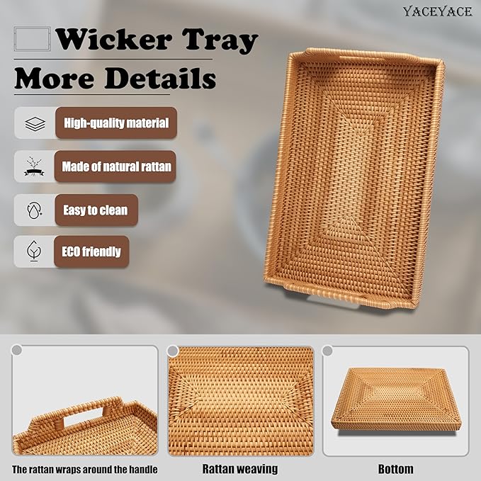 Large Rattan Tray, YACEYACE Hand-Woven Rattan Trays with Handles Bulk, Large Serving Tray for Home, Party, Ottoman, Coffee Table, 17" H x 11.5" L x 2" W
