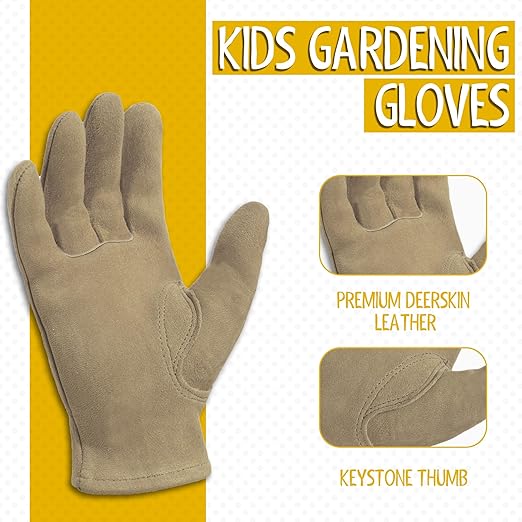 HANDLANDY Kids Genuine Leather Work Gloves for ages 3-11, Children Gardening Gloves for Boys, Girls (Medium (for age5-7), Khaki)